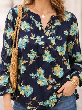 J Jill Floral Blouse Womens Large Navy Blue Teal Yellow Lightweight Boho Top
